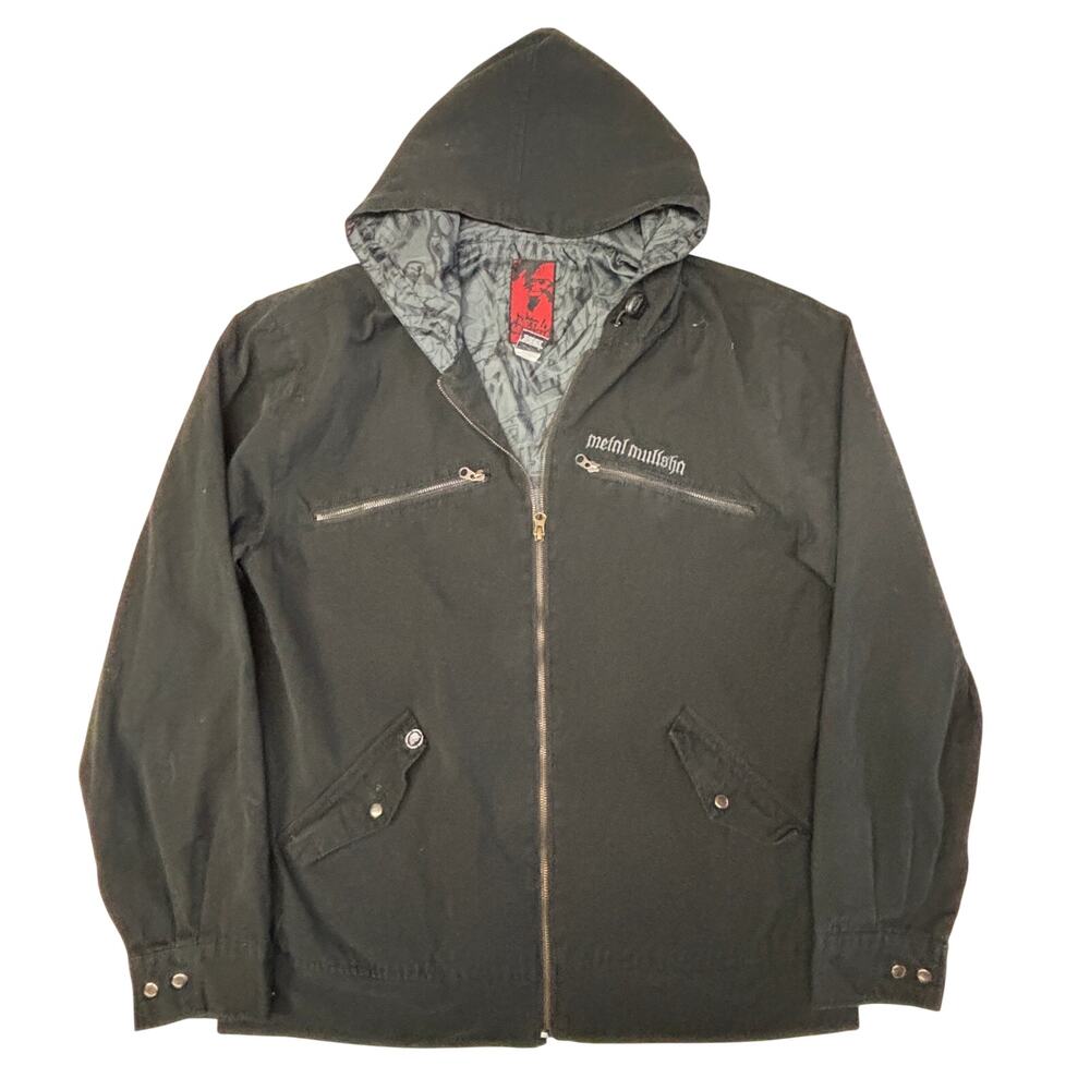 Metal Mulisha Hooded Black Jacket Y2K L Zip Up Motocross Skull Cotton AOP
